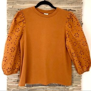 A New Day Pumpkin Floral Eyelet Puffy Sleeve Top Tee Blouse Medium Rust